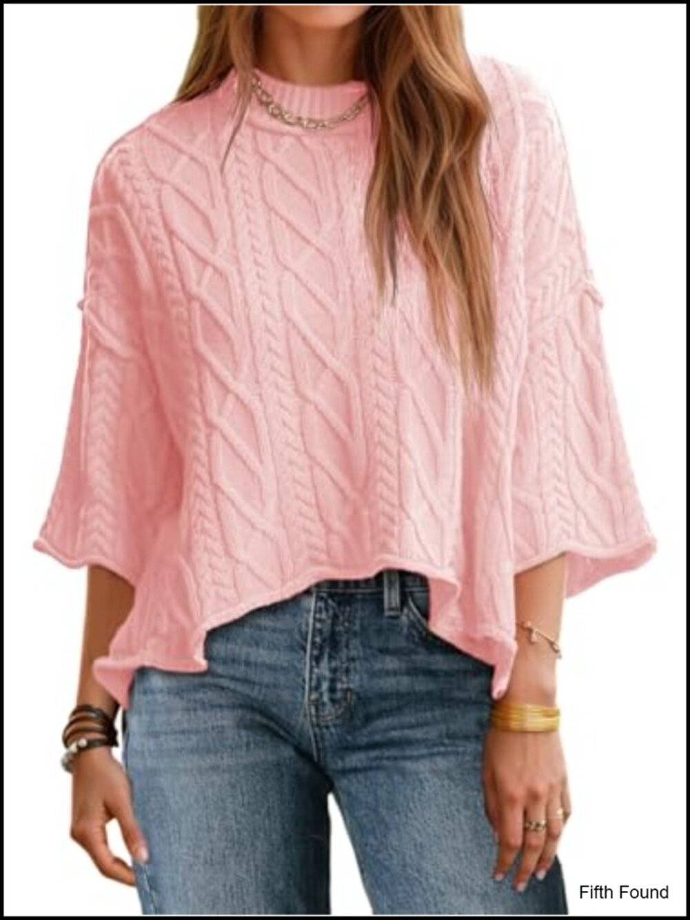 Cable Knit Cropped Sweater Oversized 3/4 Sleeve Pullover Crew Neck